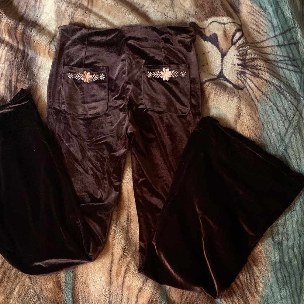 Brown Velvet Pants with Floral Embroidery